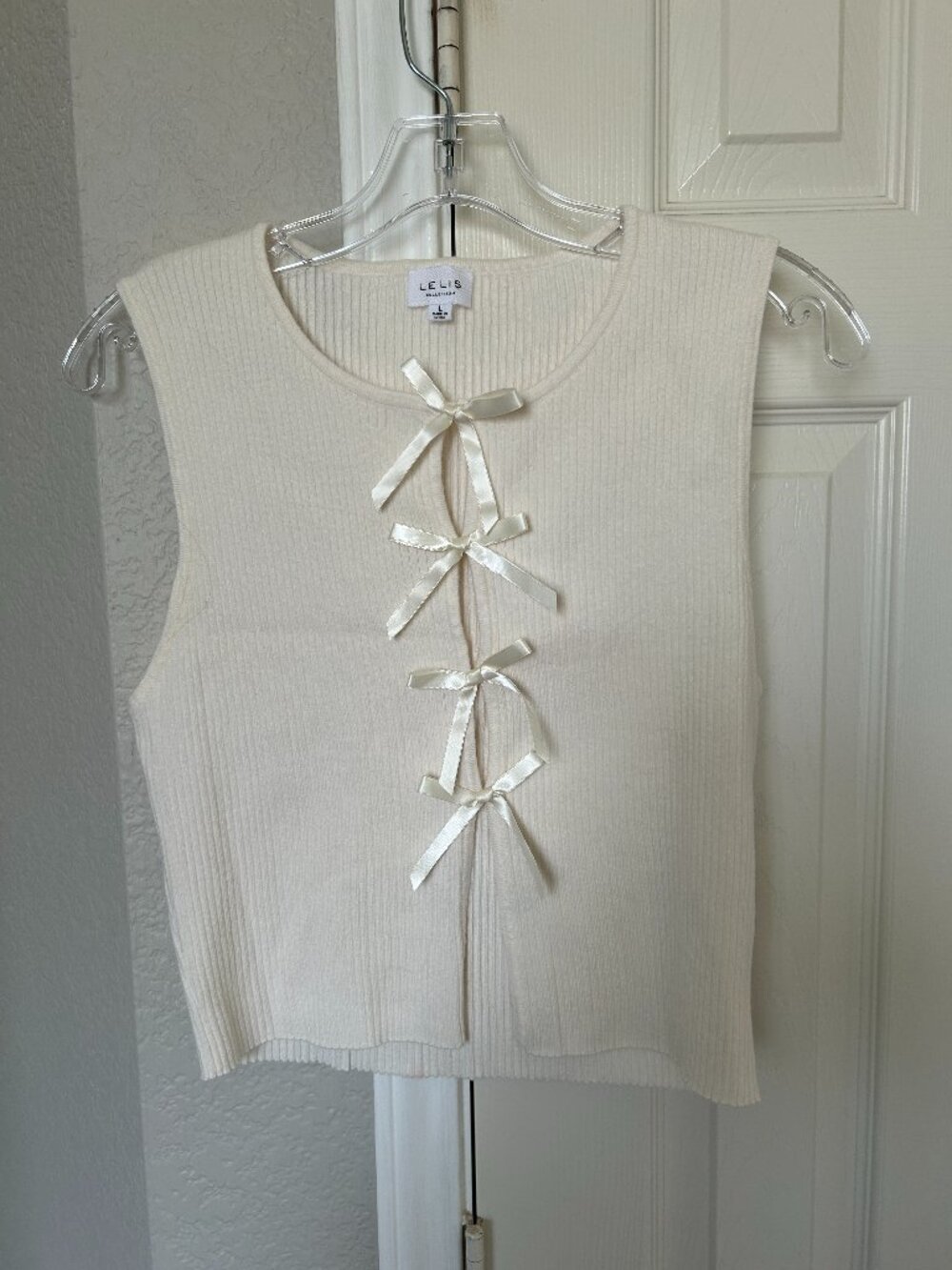 Le Lis Collection Ribbed Knit Tank Top with Front Satin Bow Closure-Cream-Large